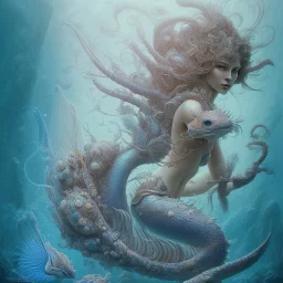 sango fantasy, fantasy magic, intricate, sharp focus, illustration, highly detailed, digital painting, concept art, matte, artgerm and paul lewin and kehinde wiley, masterpiece sexy lips Asain lady body mermaid lionfish head turquoise space lady beach sea under water mermaid seaweed