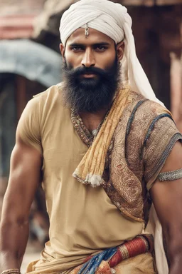 indian dude very indian with a beard and is punjab make him more punjab and young but is a warrior