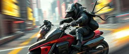 robotic ai pirate ninja in the style of fallout 4 hi speed rocket ship on leaning scooter in a swing, coated rat gremlin captain in high speed pursuit among neon spy vs spy rat cyber soldiers, with background motion blur, airbrush and pen outline, in the style of Fallout 4 and Cyberpunk and GTA5