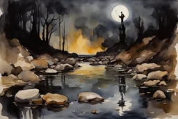 Night, rocks, gothic horror movies influence, puddle, mountains, epic, john singer sargent watercolor paintings