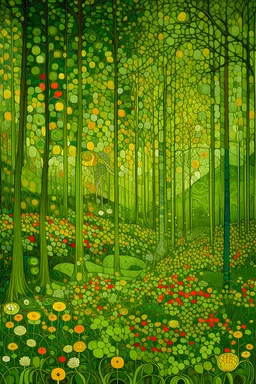 A green forest with praying mantis designed in ancient Greek mosaics painted by Gustav Klimt