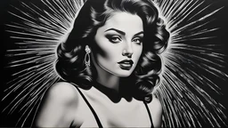 A black and white photo of a Hollywood Starlet, scratchboard artwork by Caroline Lucy Scott, photorealism, beautiful painting on black canvas, etching, oil on canvas, miranda meeks, black ink drawing, large pastel, ignacio fernandez rios,