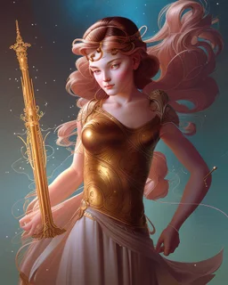 Portrait of young God Athena holding a Magic Staff by Alex Ross, Disney, CGSociety, Carne Griffiths, Leonardo DaVinci, James Christensen character design, digital illustration, detailed sky background, Norman Rockwell, 8k resolution, Lou Xaz, cinema 4d