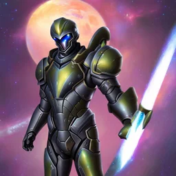 A battle suit made of galaxies and stars with a glove that has seven endless stones Battle armor from the extract of galaxies Battle armor from the extract of galaxies with a fiery sword