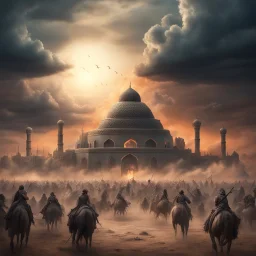 Hyper Realistic Karbala Prehistoric War Background at cloudy sunset