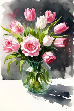 A watercolour and ink drawing of A vase of pale pink roses and pink and white tulips in the style of artist John Lovett