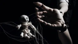 في الصورة، تظهر يد بشرية تمسك بخيوط دمية. اليد بيضاء ناصعة، بينما الخيوط سوداء داكنة. تمسك اليد الخيوط بإحكام، مما يوحي بسيطرة اليد على الدمية. تقف الدمية في الخلفية، وهي غير مرئية تمامًا. لا يمكن رؤية سوى الخيوط السوداء التي تمتد من اليد إلى الدمية. هذا يخلق إحساسًا بالغموض والتشويق. الصورة مأخوذة من زاوية عالية، مما يخلق تأثيرًا مهيمنًا لليد. هذا يوحي بأن اليد قوية وفعالة. الصورة ذات خلفية مظلمة، مما يخلق جوًا غامضًا ومثيرًا للاهتمام. هذا يعزز الموضوع العام للتلاعب، والذي غالبًا ما يرتبط با