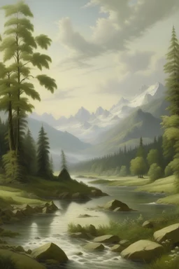 На картине изображён пейзаж с горами, рекой и деревьями. Горы на заднем плане создают фон, а река разделяет пейзаж на две части. Деревья обрамляют реку и создают тень, делая картину более интересной и живой.