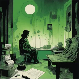 Negotiating dream frequencies, ink illustration, Green and black color scheme, unsettling, by Alex Toth