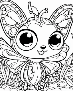 Cute butterflies, big cute eyes, pixar style, simple outline and shapes, coloring page black and white comic book flat vector, white background