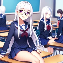 girl, masterpiece, best quality, volumetric lighting, detailed outfit, perfect eyes, long hair, white hair, purple eyes, school outfit, sitting on desk, classroom, smiling, glasses,