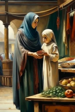 oriental arabic woman with child standing in market looking at a table painting neoclassism from the side