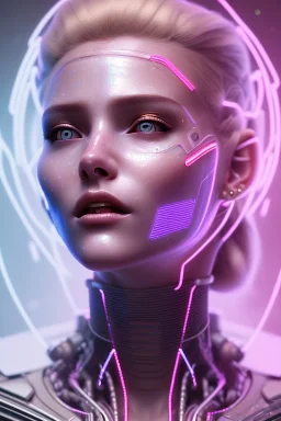 cyberpunk, head, women, portrai, tron sketch of a girl on lined paperA beautiful one nude body of a make up smiling woman blond long hair, alone, high key lighting, volumetric light high details with white stripes and blue eye, smiling with plump pink lips, flowers around, unreal engine petit prince belle fine, profil de trois quart, grand front cosmique, peau bleu cristalline, yeux bleu, perle sur le front long cheveux blond et rose etoilé, cristaux sur le corps, collier de grande princesse, l