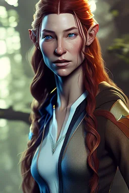 Tauriel, by Cedric Peyravernay, complete full body in frame, delicate traits, symmetric eyes, every part of the body represented in the frame