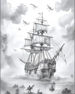 Pirates of the Caribbean: Ghostly Ship in the Mist Coloring Adventure: Design an intriguing coloring page inspired by the Pirates of the Caribbean movie, featuring a ghostly pirate ship emerging from thick fog. Encourage young artists to embrace the mysterious atmosphere, playing with shades of gray to create shadows and highlights. Minimize background and lines, allowing kids to immerse themselves in the eerie scene as they bring this ghostly ship to life in their unique black-and-white creatio