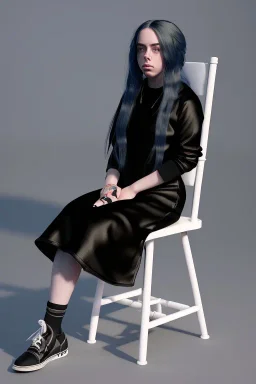 Billie Eilish, sitting on a chair, Black Short Dress, high detail, realistic