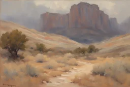 cloudy grey day, arid rocky land, few distant cliffs, philosophic and trascendent influence, unforgettable landscape, dry weeds, videgame landscapes influence, epic, one person, distant mountains, wilfrid de glehn and jenny montigny impressionism paintings