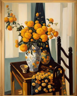 beautiful art print features yellow flowers in a chinoiserie vase sitting on a table, with black ladderback chair in background Modifiers: oil on canvas beautiful dynamic lighting crisp quality colourful acrylic art still life luminism Gustave Klimt style raw beautiful oil on canvas beautiful oil on canvas oil on canvas