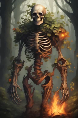 Skeleton, living skeleton, undead, wooden gauntlets, fungal growths, walking, wooden armor, medieval, vines holding together limbs, vine tendons, animated by plants, wearing leather armor, different plants growing out of chest and head, reinforced by vines, hulking, fire within ribcage, on fire from within, fire light from eyes, open flame from within