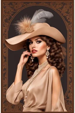 full body beautiful girl, elegant brown lace clothes of the 80s, luxury style, small elegant hat with feather, hair of the 80s, pearl necklace, earrings masterful, beautiful face