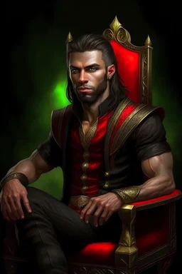 full length, montia, black red with gold lines, sitting on a chair, male physique