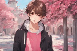 close up headshot portrait of beautiful teenage boy who looks like a girl, brown hair, red eyes, pretty body, pretty legs, perfect face, Wadim Kashin, James Gurney, Ink, splash art, amazing beauty, college courtyard background, has pink accents on clothes, anime style