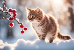 A beautiful colourful little cat catches a red berry while standing on a snowy branch in sunshine, ethereal, cinematic postprocessing, bokeh, dof