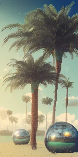 1980's aesthetic vaporwave curvy palm trees with spheres and ufo