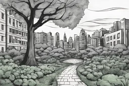 city garden in drawing comic style