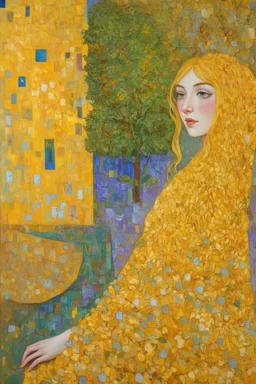 a redeeming, healing enchantress, who alone can turn nauseous thoughts of the horror or absurdity of existence into ideas compatible with life; Post-Impressionist painting inspired by Klimt and Hundertwasser; Golden Hour; Exquisitely Detailed; Foliage Palette