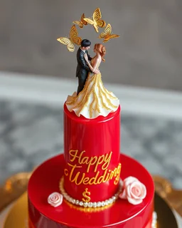 hyper realistic of beautiful miniature a romance couples dance' on top of a red shiny tall jelly cake decorated. intricate gold butterflies on top. Cake sits on a gold plaque decorated with roses. Top angle view, cake decorated with intricate jewelry, written details "Happy Wedding" in details cursive letters, ultra HD 64k studio hyperrealism lightning light reflections