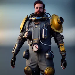 90's male retro scifi art of a steampunk diver with big armor