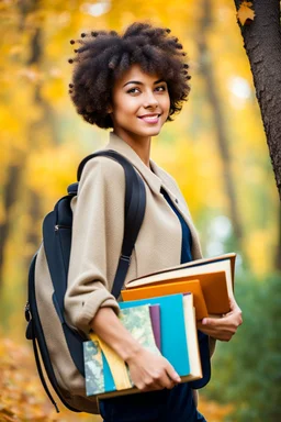 portrait pint of color photo of a student girl 22 years old ,short hair with her books in her hand walking in trees ,autumn enviroment