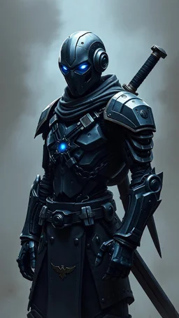 Male Warforged robotic rogue, with thin blue glowing eyes, no armor, dark titanium alloy body, 2 swords strapped to his back, dungeons and dragons