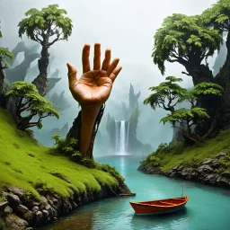 surreal, dreamlike landscape where a giant anatomical correct hand rises from the ground. The hand is detailed with lush grass and miniature trees on the surface. A crystal-clear river flows through the palm, cascading down in a waterfall at the edge of the hand. A small boat floats on the river below. Misty horizon. Amazingly detailed, colossal scale, ultra-realistic, photorealistic details, hyper-detailed, natural lighting, cinematic quality, sharp focus, real-world textures, high dynamic rang