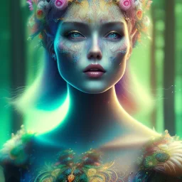 spray painting, woman in magical forest, Character Portrait, bright colours,face, magnificent, majestic, highly intricate gigantic, Realistic photography, incredibly detailed, ultra high resolution, 8k, complex 3d render, cinema 4d