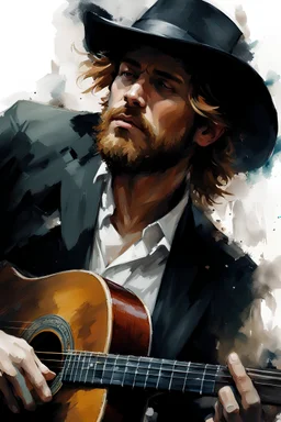 Chestnut-Haired Man With A Strong Jaw And A Short Goatee, with a black hat, holding an acoustic guitar, mysterious esoteric atmosphere :: digital matt painting with rough paint strokes by Jeremy Mann + Carne Griffiths + Leonid Afremov