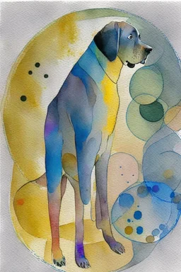 abstract watercolour of a Labrador dog in the style of paul klee with circles of colour and sketchy thin inky lines
