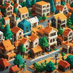 Pixel art of little town made of lego bricks, soft color. Hyper detailed, brick on brick.