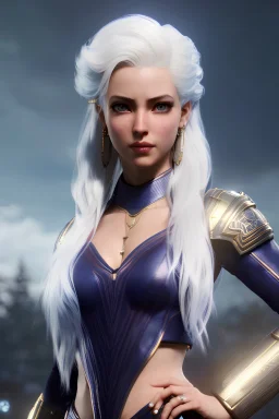 Portrait, aasimar female Bard character, white hair, blue irises, very muscular, athletic, clear complexion, scars on body, waist up portrait, 4k resolution, intricate details, ornate details, soft lighting, vibrant colors, retroanime, masterpiece, natural background, realistic