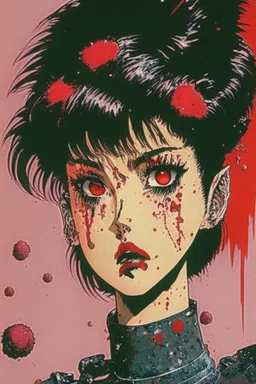 90s old school anime illustration, sci fi, portrait of a tough female space Captain girl, beautiful symmetrical face, Androgynous, pixie style haircut, sparkling or glittering black hair, pixie cut, blood splattered on her scared, rattled and shook face, space uniform is tattered and ripped with dripping blood, as if she just escaped torture, depraved art, junji ito style, pulp science fiction aesthetic, rotoscoping, violent background and undertone, space battle, feminist art, japanese horror