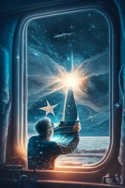 doctor cutting glasses off patient , with background star field seen in the window of a boat, 4 k, trending art, depth of field