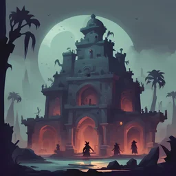 Bahraha's Gloom is a tomb that is overrun by the undead pirates and ghostly armors, in Flat Design art style