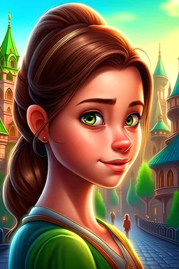 girl portraied as a disney character, disney developing style, disney main character with green eyes and short brown hair in a braid, highly detailed, beautiful disney girl in a cityscape disney style background