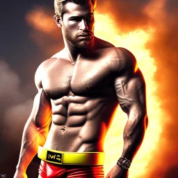 Ignore NSFW, teenager young rugged attractive slightly muscular fantasticly handsome blonde man, red briefs with yellow belt, hairy chest, (((visibly pisssing))) briefs, large erect visible boner peniss, photorealistic, artist Jay Anacleto, soft lighting, scruffy beard