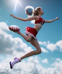 Ultra realistic speed clouds sky scene, wide angle view, cheerleader teenager falling down with many Children background, inflatable monsters, circus dress style, feather color, free jumping flying, many trinkets, hair monster, many jelly beans, balls, color smoke, smile, happy, extreme, wind, clouds sea, 20,000 feet altitude, stratosphere, soft color, highly detailed, unreal engine 5, ray tracing, RTX, lumen lighting, ultra detail, volumetric lighting, 3d, finely drawn, high definition.