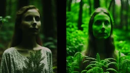 Cinematic Medium shot, young women standing in the forest holding plants, in the style of infused nature, video collages, made of veins, detailed face, dark green and white --style raw