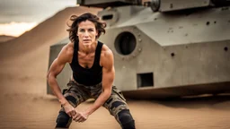 beautiful slender caucasian female technician, black tank top, well toned muscles, weathered face, scratched sand camo metal details, short brunette wavy bob haircut, dystopian, desert scene, jumping from a futuristic tank