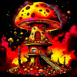 A fantabulous black, yellow, and red (((mushroom tower house))) erected atop a (geologic pillar), surrounded by the uncanny imaginative ((( swirling skies))), offset by the stark hues of a (neon-tinged nebulous space scape), within. captured by the hand a skilled master painter with a focus on (softly blurred compositions and voluminous lighting).