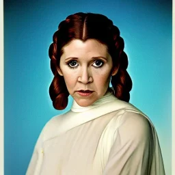 Hyperrealistic, 8k centered photographic portrait of [[Carrie Fisher as Princess Leia in Star Wars]], leica, 35 mm, technicolor, natural colors, telephoto, 24 mm, portrait photo by Annie Leibovitz, film, studio lighting, detailed skin, ultra realistic, bokeh, sharp features